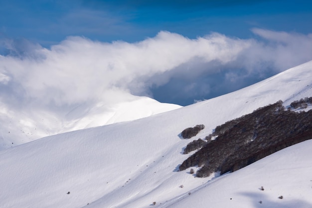 Winterlandschaftstal und -hügel, die an hellen sonnigen Tagen mit Schnee bedeckt sind