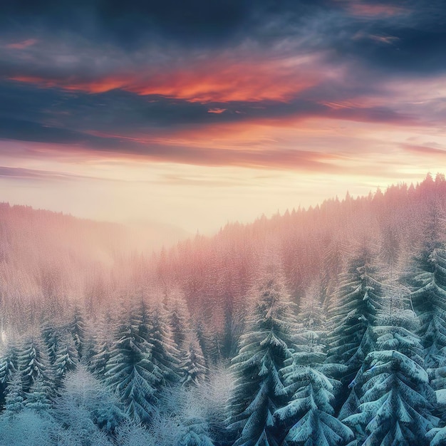 Winterlandschaftstapete mit mit Schnee bedeckten Kiefernwäldern und schönem Himmel beim Sonnenuntergang