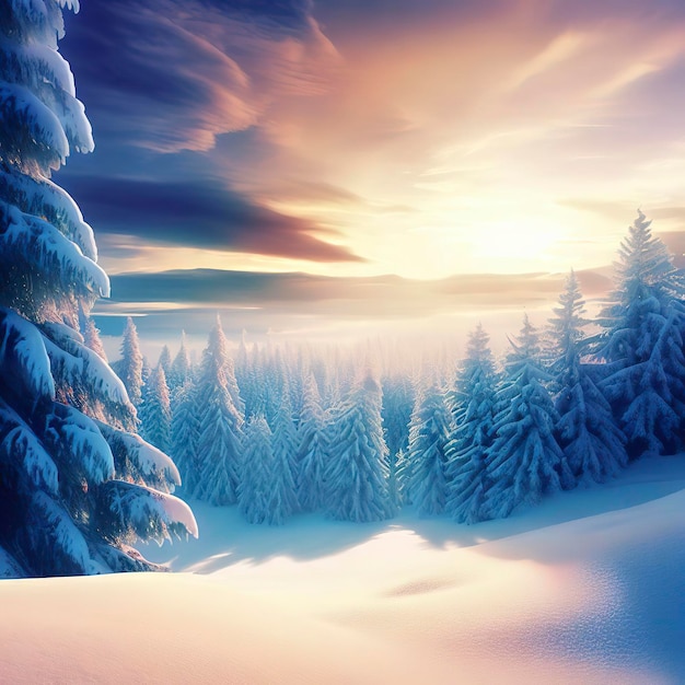 Winterlandschaftstapete mit mit Schnee bedeckten Kiefernwäldern und schönem Himmel beim Sonnenuntergang