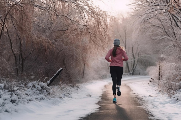 Winterlauf Ein Mädchen auf einem Morgen-Winterlauf