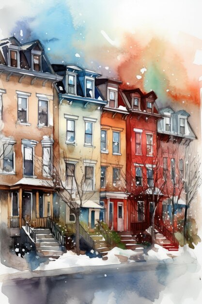 Winterlebende Stadtstraße mit verschiedenfarbigen Gebäuden. Aquarell-Illustration