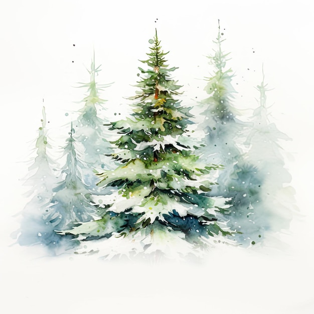 Winterliche Aquarellillustration mit Tannenbäumen auf weißem Hintergrund