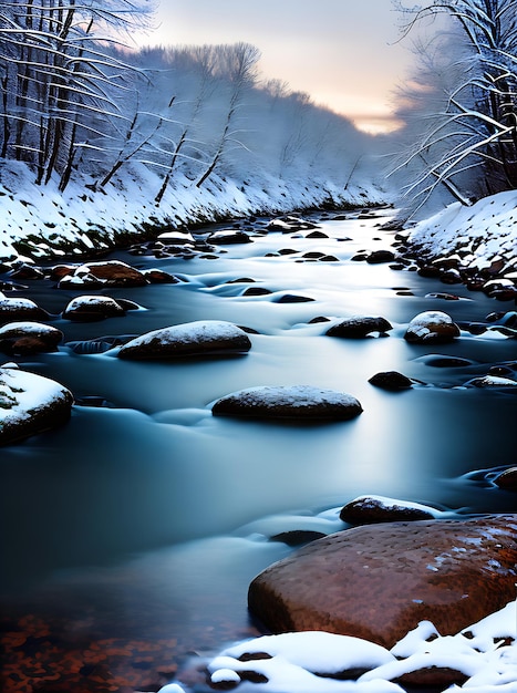 Winterlicher Fluss mit warmer, beleuchteter, detaillierter Landschaft