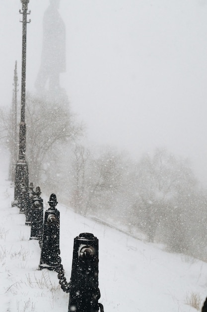 Winterlicher Stadtpark in einem Schneesturm