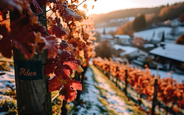 Wintermorgen in Feldern und Weinbergen mit der Sonne, die aus ihrer Asche aufsteigt.