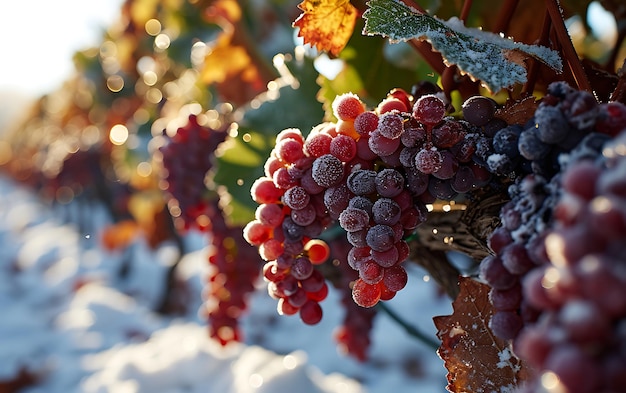 Wintermorgen in Feldern und Weinbergen mit der Sonne, die aus ihrer Asche aufsteigt.