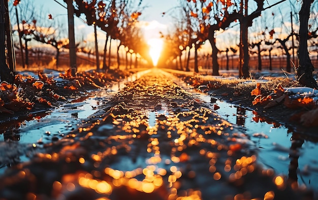 Wintermorgen in Feldern und Weinbergen mit der Sonne, die aus ihrer Asche aufsteigt.