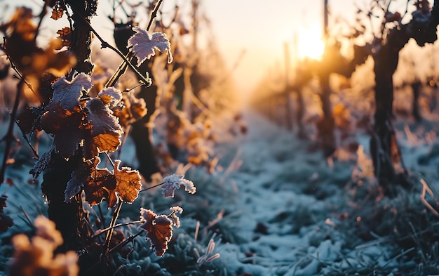 Wintermorgen in Feldern und Weinbergen mit der Sonne, die aus ihrer Asche aufsteigt.