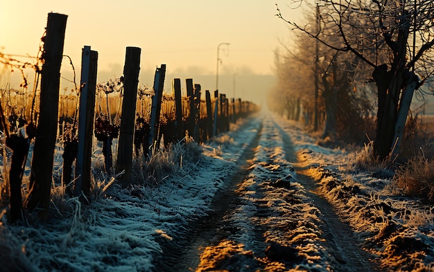 Wintermorgen in Feldern und Weinbergen mit der Sonne, die aus ihrer Asche aufsteigt.