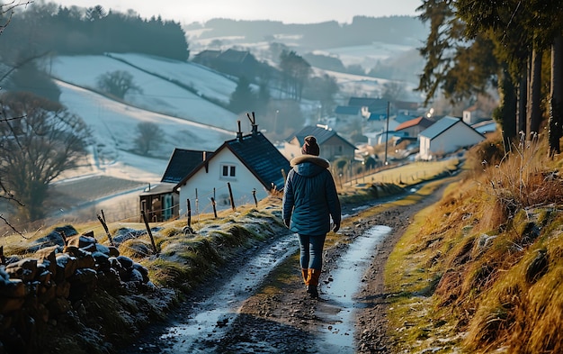 Wintermorgen in Feldern und Weinbergen mit der Sonne, die aus ihrer Asche aufsteigt.