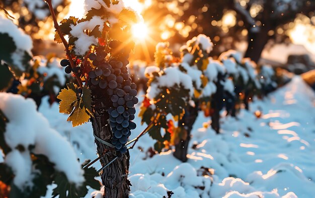 Wintermorgen in Feldern und Weinbergen mit der Sonne, die aus ihrer Asche aufsteigt.