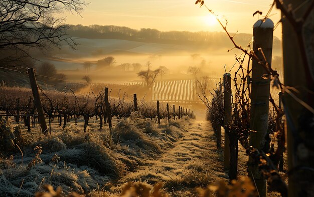 Wintermorgen in Feldern und Weinbergen mit der Sonne, die aus ihrer Asche aufsteigt.