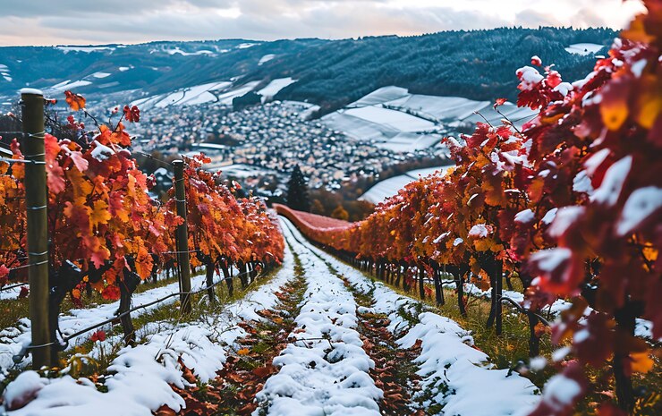 Foto wintermorgen in feldern und weinbergen mit der sonne, die aus ihrer asche aufsteigt.