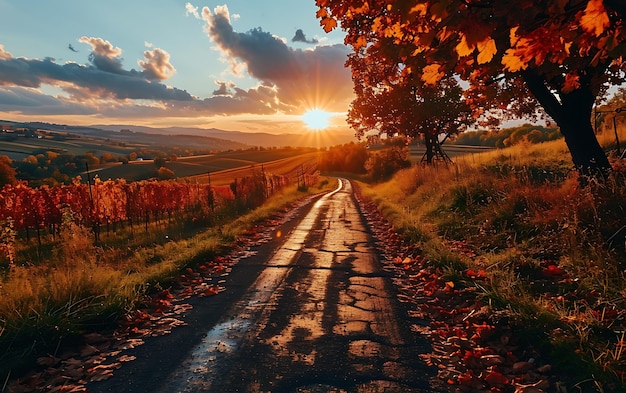 Foto wintermorgen in feldern und weinbergen mit der sonne, die aus ihrer asche aufsteigt.