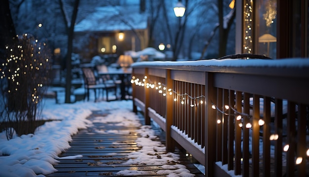 Foto winternachtschnee im freien, natur beleuchtet durch von ki erzeugte laterne