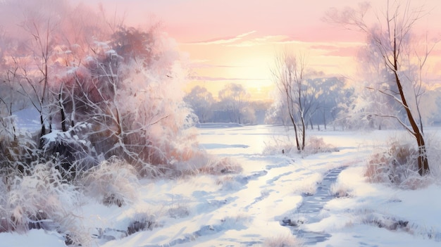 Winterpanorama Wintermorgen eines neuen Tages Lila Winterlandschaft mit Morgendämmerung mit Generative Al-Technologie