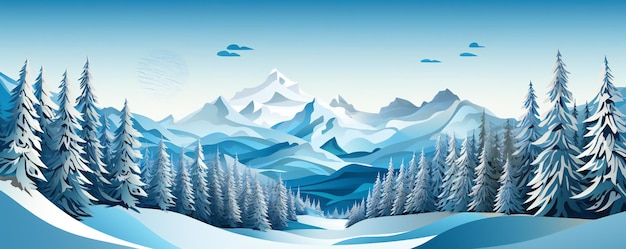 Winterpapiergeschnittene Landschaft mit schneebedeckten Bergen und blauen Himmel Tannen im Hintergrund