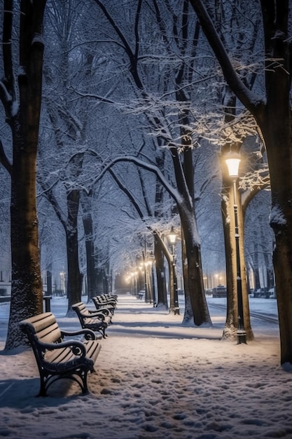 Winterpark bei Nacht mit schneebedeckten Bäumen, Bänken und Laternen AI generativ