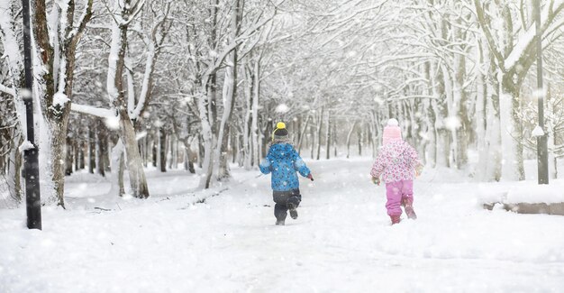 Winterpark unter dem Schnee. Schneesturm im Stadtpark. Park für Spaziergänge mit der ganzen Familie unter der Schneedecke.