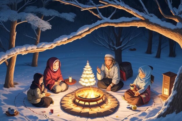 Winterpicknick Eine ruhige Szene eines jungen muslimischen Mädchens am Lagerfeuer