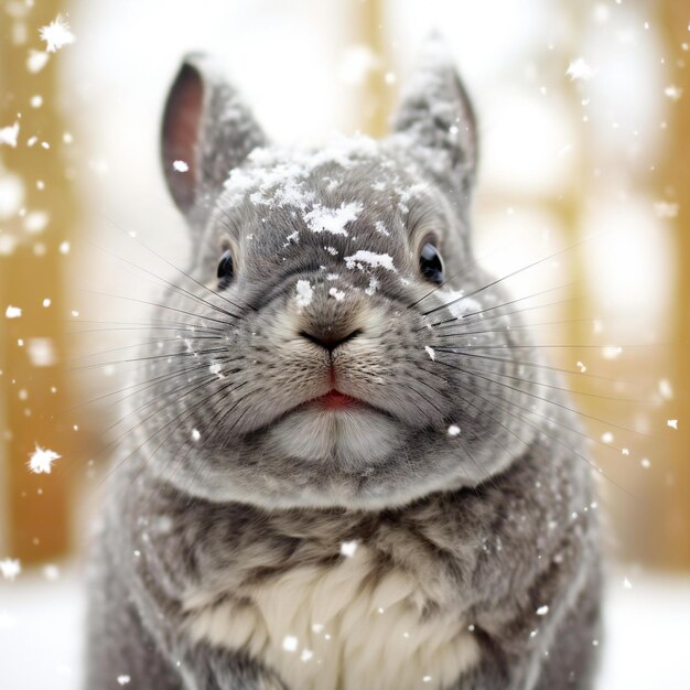 Foto winterporträt eines niedlichen grauen kaninchens mit schneeflocken auf der nase