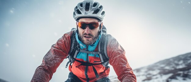 Winterporträt eines Radfahrers in der verschneiten Jahreszeit Generative KI