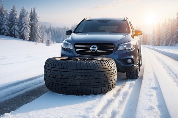 Winterreifen Auto auf Schneeweg Reifen auf verschneiter Autobahn Detail