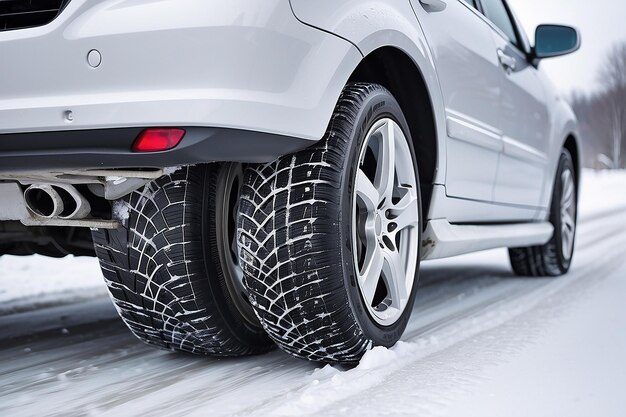 Winterreifen Auto auf Schneeweg Reifen auf verschneiter Autobahn Detail