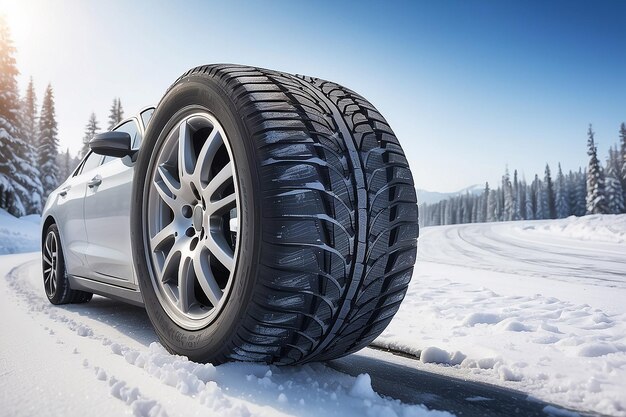 Winterreifen Auto auf Schneeweg Reifen auf verschneiter Autobahn Detail