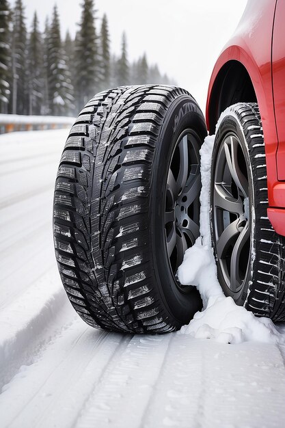 Winterreifen Auto auf Schneeweg Reifen auf verschneiter Autobahn Detail