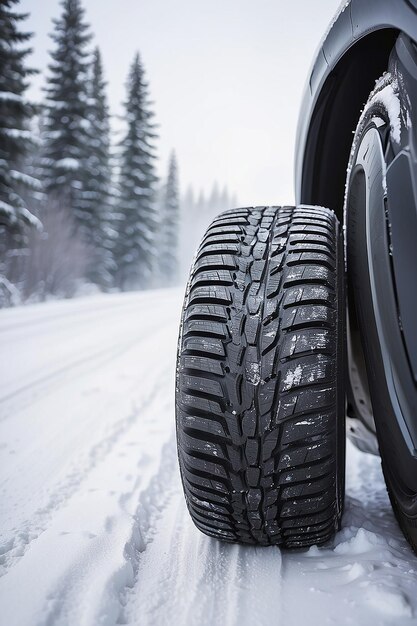 Winterreifen Auto auf Schneeweg Reifen auf verschneiter Autobahn Detail