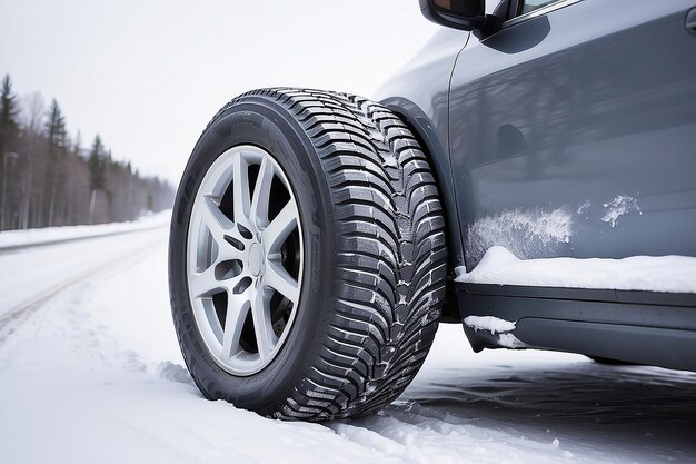 Winterreifen Auto auf Schneeweg Reifen auf verschneiter Autobahn Detail