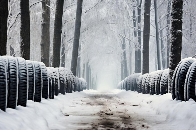 Foto winterreifen im schneebedeckten wald mit leerem raum