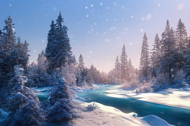 Winterruhiger Fluss im Märchenwald 3D-Kunstwerk Spektakulärer Naturhintergrund