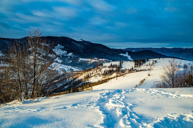 Wintersaison Schnee auf dem Berg auf dem Hintergrund der Berge Morgendämmerung Neujahr Weihnachten