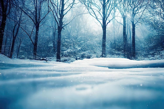 Winterschnee im dichten Urwald in der Nähe eines Wasserbeckens nach dem Regen