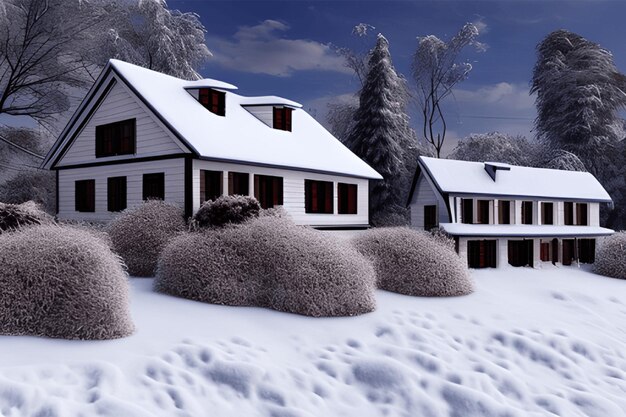 Foto winterschneeszene ein haus neben dem fluss unter dem dicken schnee des schneebergs, der das dach bedeckt