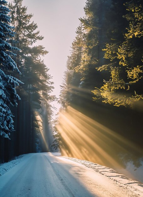 Foto wintersonnenstrahlen durch die bäume auf einer waldstraße an einem nebligen abendessen