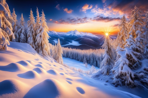 Wintersonnenuntergang in den Bergen mit Schnee, der mit generativer KI-Software erstellt wurde