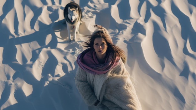 Winterspaß junge Frau mit ihren Hunden in einer Schneewüste