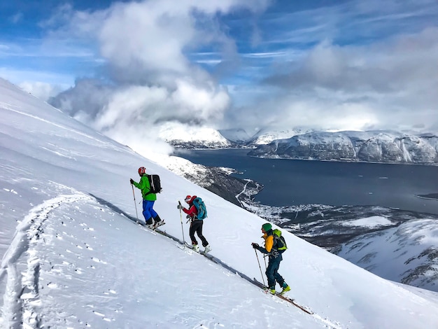 Wintersport, Gruppe, die in Schnee, Skitouring, Norwegen-Fjord, Berg geht