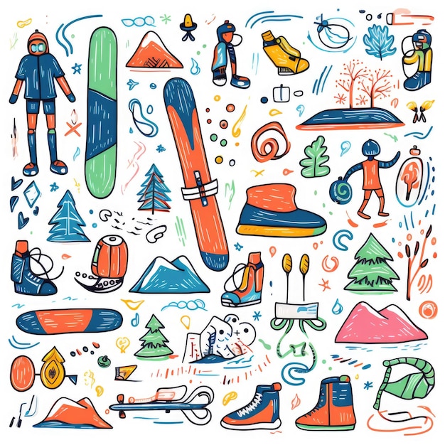 Wintersport liefert farbenfrohen Satz von Kitzeln auf weißem Hintergrund Generative KI