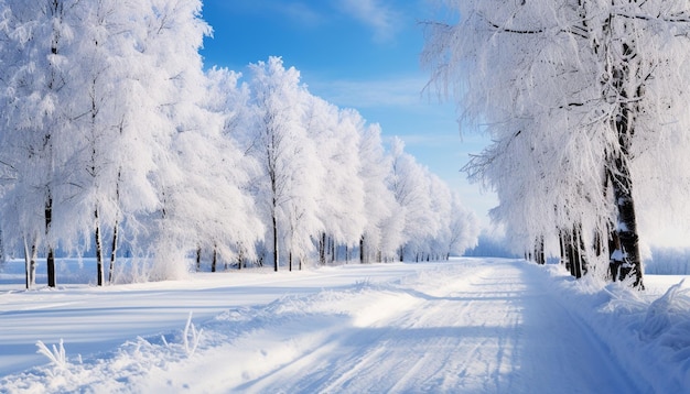 Winterstraße, die an einem sonnigen Tag mit Schnee bedeckt ist