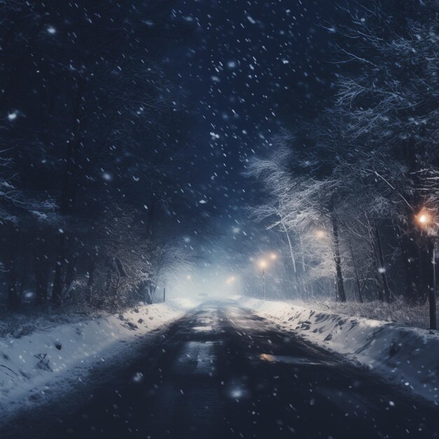 Foto winterstraße durch den wald mit mit schnee und schneeflocken bedeckten bäumen