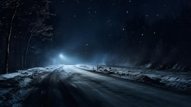 Winterstraße im Wald bei Nacht mit Nebel und Lichtern