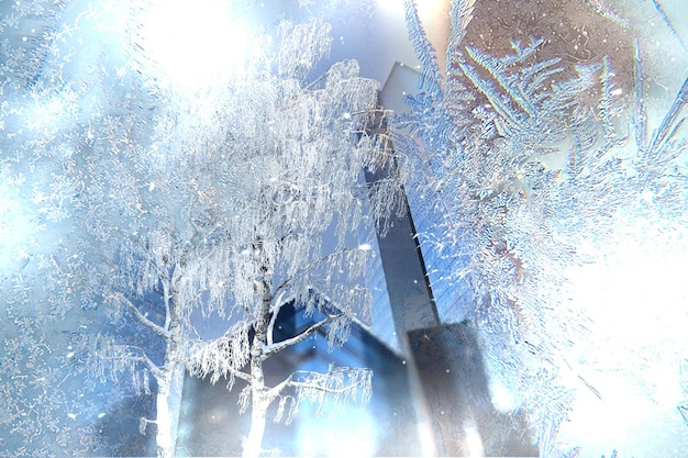 Winterstraße, moderne gebäude und weihnachtsbaum in stadtbäumen, die von schnee bedeckt sind, blick vom fenster