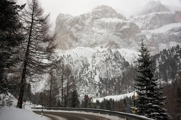 Winterstraße zwischen Wäldern in den Dolomiten in Italien.