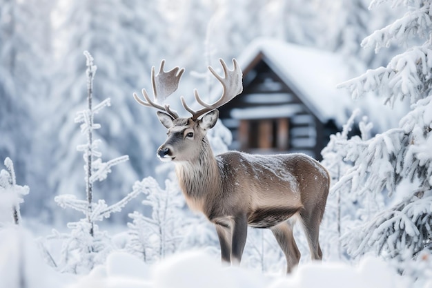 Winterszene in Lappland-Rentieren inmitten einer schneebedeckten Landschaft mit charmanter Kabinen-KI