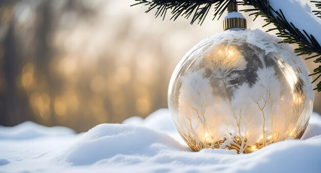 Winterszene mit feierlichen gold-weißen Weihnachtsschmuckstücken