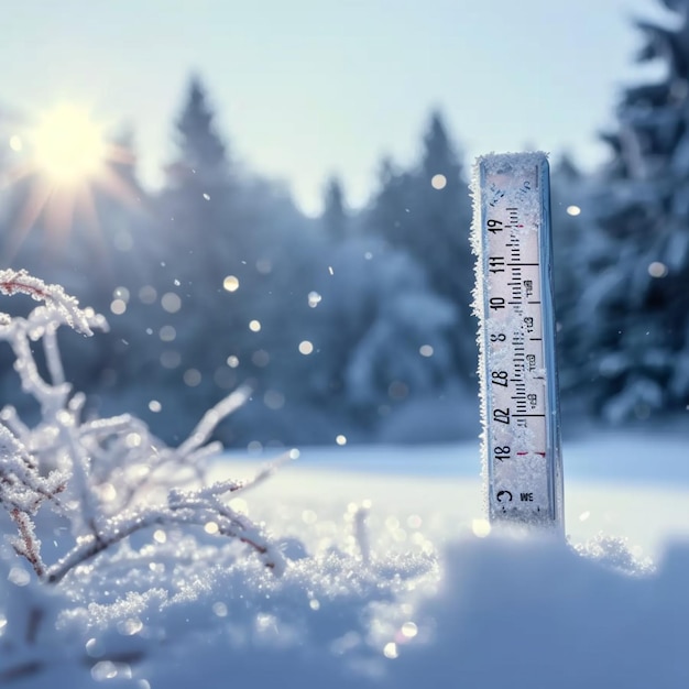 Wintertemperatur Thermometer bei Schneefall im Freien mit Platz für Text Für Social Media Post S